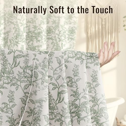 Farmhouse Sage Green Floral Shower Curtain with 12 Clear Rings 72"W x 72"L