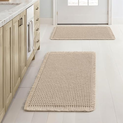 MIULEE Set of 2 Waffle Bathroom Rugs Boho Bath Mat Pale Beige 17x24 Inch