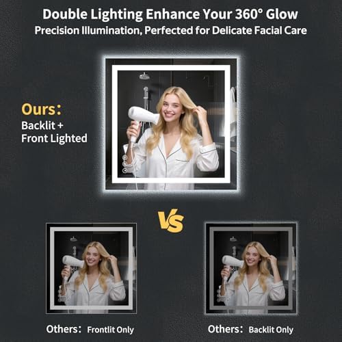 36"x36" LED Bathroom Mirror with Lights, Backlit+Frontlit, Anti-Fog