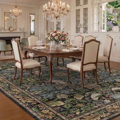 Hazo Haus Dark Living Room Rug 8x10 - Large Washable Vintage Floral Area Rugs for Dining Room, Bedroom, Traditional Antique Style, Birds and Leaves Nature Design, Non-Slip Low Pile (Dark Green/Brown)