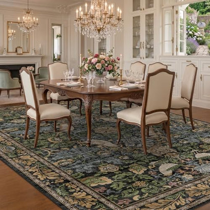 Hazo Haus Dark Living Room Rug 8x10 - Large Washable Vintage Floral Area Rugs for Dining Room, Bedroom, Traditional Antique Style, Birds and Leaves Nature Design, Non-Slip Low Pile (Dark Green/Brown)