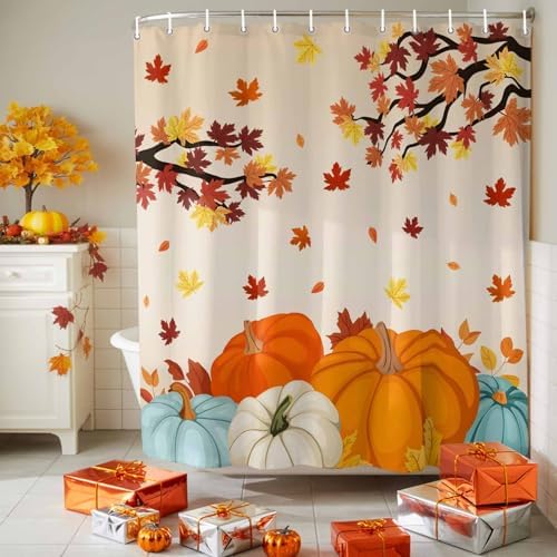 Shower Curtain Bathroom Set Fall Thanksgiving Pumpkin Maple Leaf Waterproof Shower Curtains with Grommets Hooks Orange Gradient Privacy Bath Curtain for Bathtub Decor 72x72in