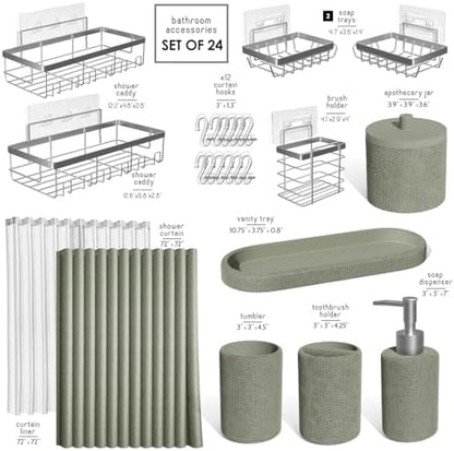 Clara Clark Sage Green Bathroom Set - Bathroom Accessories Set, 24PC Bathroom Accessory Set, Bathroom Sets with Shower Curtain Set, Adhesive Corner Shower Caddy Hanging & Soap Dispenser