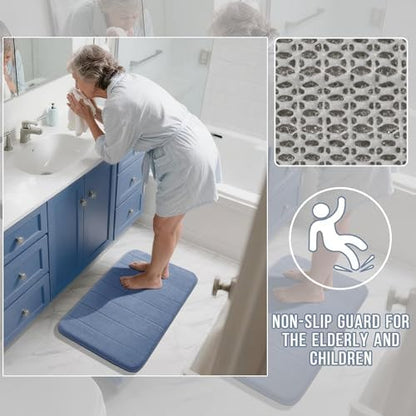 Yimobra Memory Foam Bathroom Rugs Sets 2 Piece - Super Soft Absorbent Quick Dry Bath Mat Set, Machine Washable Non Slip Floor Carpet for Tub Shower & Single Sink (17x24 & 31.5x20 Inch, Denim Blue)