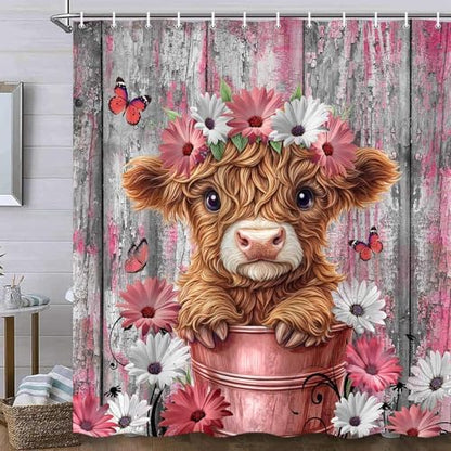 Funny Highland Cow Daisy Flower Shower Curtain, Rustic Wooden Barn Door Farm Animal Shower Curtain Set Farmhouse Western Bath Curtain Modern Cattle Bull Bathroom Accessories Home Decor 70X70in