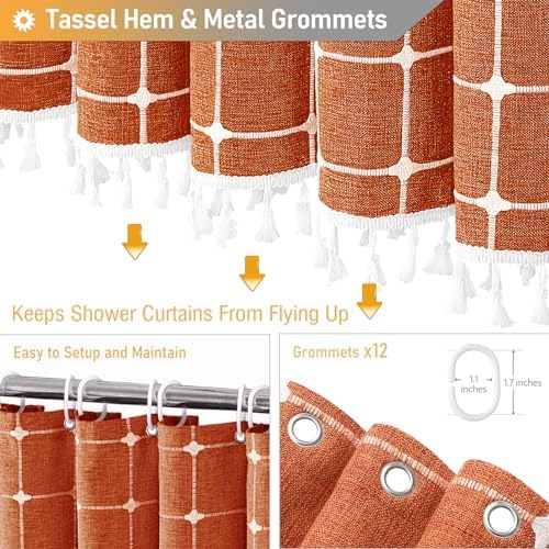 BTTN Long Boho Farmhouse Linen Fabric Shower Curtain, 72x84, Burnt Orange