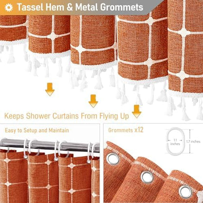 BTTN Long Boho Farmhouse Linen Fabric Shower Curtain, 72x84, Burnt Orange