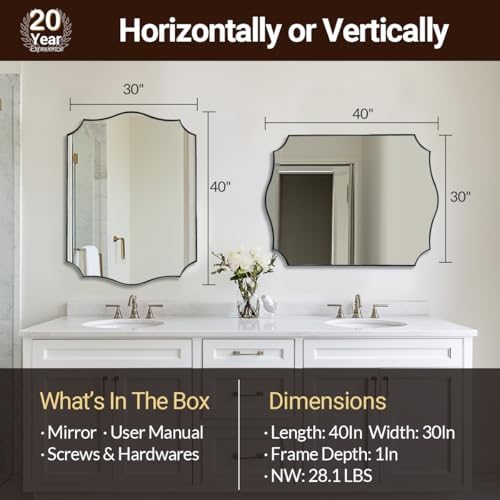 ANDY STAR Large Brushed Nickel Mirror, 30x40 Inch Scalloped Bathroom Mirror, Modern Rectangle Mirror with Unique Wavy Design, Ideal for Home Decor, Rust-Proof Stainless Steel 1" Frame