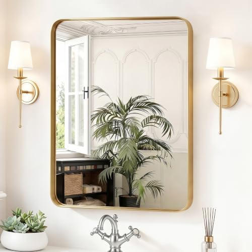 Sweetcrispy Bathroom Wall Mirror, 32x24 Inch Mirror for Over Sink, Gold