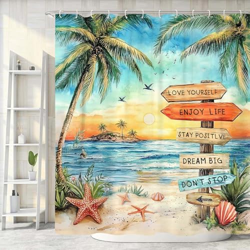 Beach Shower Curtain for Bathroom,Tropical Palm Tree Coastal Nautical Ocean Quotes Inspirational, Sunset Scenery Shower Curtain Set with Hooks,60Wx70H