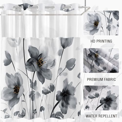 No Hook Shower Curtain and Liner Set, Black Boho Floral 71x84