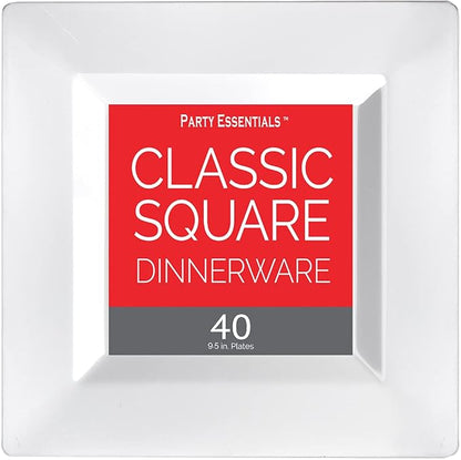 Party Essentials 40-Count Hard Plastic 9.5" Classic Square Lunch/Dinner Plates, White
