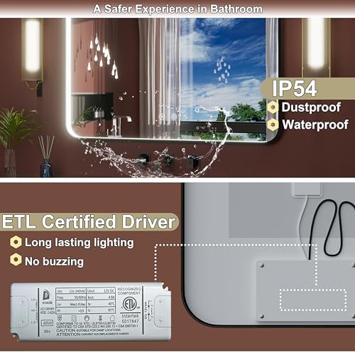 48"x36" Black LED Bathroom Mirror with Lights, 3000K/4500K/6000K