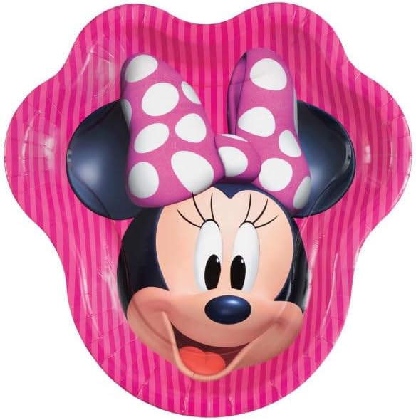 Unique Disney Minnie Mouse Birthday Party Supplies Bundle includes 16 Large Shaped Minnie Head Party Paper Plates 9 3/4" and 1 Plastic Table Cover 54" x 84"