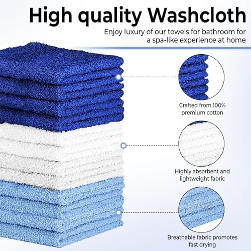 QUBA LINEN 100% Cotton Washcloth Set – Soft, Absorbent Face Towels for Bathroom & Gym Use – Durable & Reusable Wash Cloths - (Blue, White and Navy (12x12), (Pack of 12)
