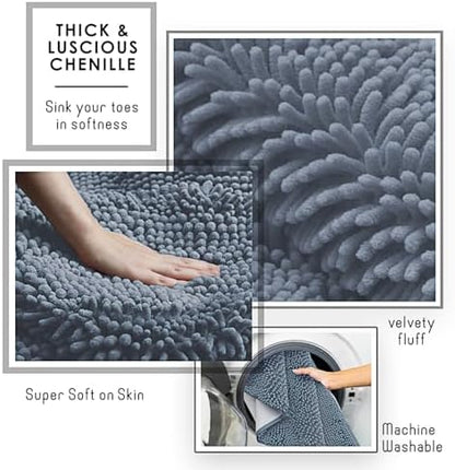 Hearth & Harbor Bathroom Rugs, Chenille Bath Mat - Machine Washable Bath Mats for Bathroom Non-Slip Backing Rubber, Quick Dry Bathroom Mat, 17 x 24 + 20 x 24 - Stone Blue