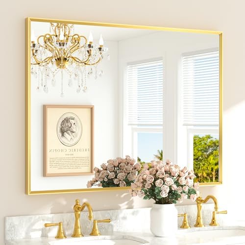 TETOTE Brushed Brass Bathroom Mirror for Over Sink 48" x 36" Large Gold Beveled Framed Rectangular Vanity Mirror for Bathroom, Bedroom, Entryway, Living Room, Tempered Glass, Stronger Frame