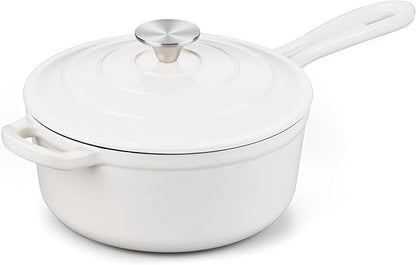 Onader Enameled Cast Iron Saucepan, 3 QT Sauce Pan with Lid, Cast Iron Small Sauce Pot for Cooking, Enamel Dutch Oven Nonstick, Induction Compatible, Heavy Duty – White