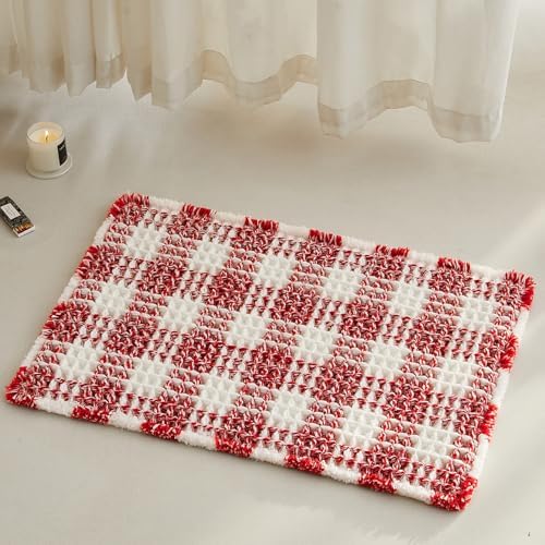 TYUU Small Christmas Bathroom Rug, Cute Waffle Bath Mat, 24x16 Red & White