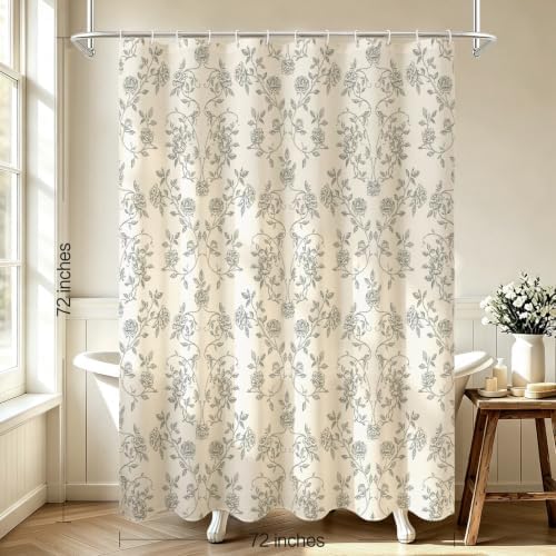 MitoVilla Vintage Farmhouse Grey Floral Poly-Cotton Shower Curtain, 72x72