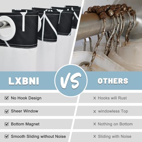 LXBNI Black White Herringbone No Hook Shower Curtain with Liner, 71 x 74