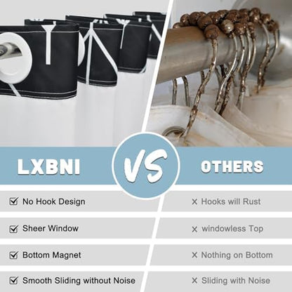 LXBNI Black White Herringbone No Hook Shower Curtain with Liner, 71 x 74