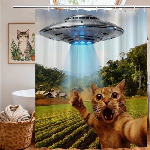 Funny Cat Shower Curtain Cool Teen UFO, 60x72 Inchs
