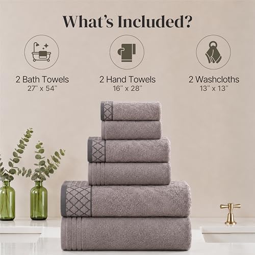 Modern Threads 6 Piece Bath Towel Set – Bathroom Towel Set with 2 Bath Towels, 2 Hand Towels & 2 Washcloths – 100% Cotton, Soft & Absorbent – Diamond Border (Silver Cloud)