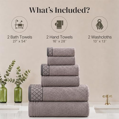 Modern Threads 6 Piece Bath Towel Set – Bathroom Towel Set with 2 Bath Towels, 2 Hand Towels & 2 Washcloths – 100% Cotton, Soft & Absorbent – Diamond Border (Silver Cloud)