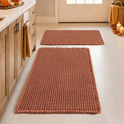 MIULEE Fall Rust Set of 2 Waffle Bathroom Rugs Boho Mat 17"x24"+18"x30"