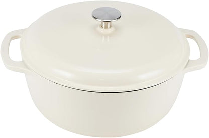 Amazon Basics Enameled Cast Iron Dutch Oven Pot with Lid, Round, Dual Handles, Heavy-Duty, Oven Safe for Stews, Roasting, Baking, 7.3-Quart, White