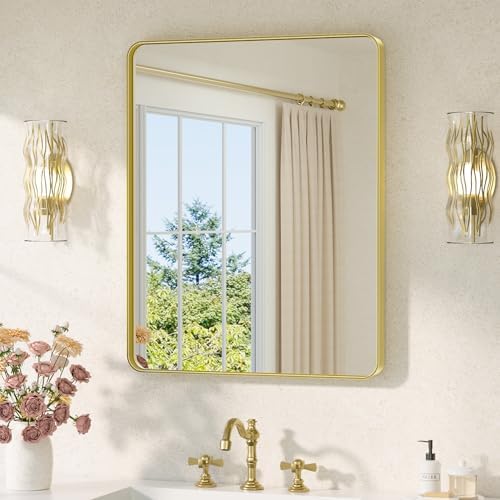TETOTE 24 x 30 Gold Bathroom Mirror Brushed Gold Metal Framed Vanity Mirror, Tempered Glass, Wall Mounted for Bathroom, Entryway, Bedroom, Living Room(Horizontal/Vertical)