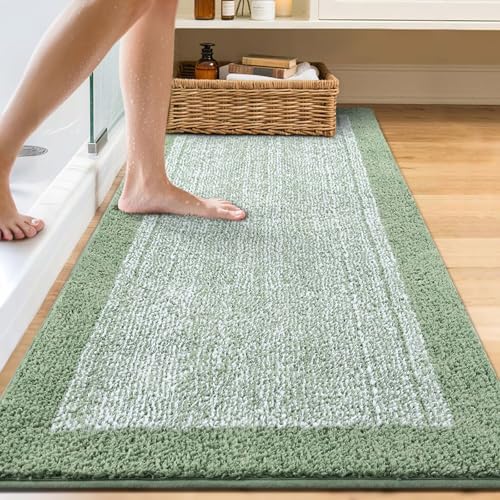 80x24 Long Bathroom Rugs Non Slip Washable, Soft Absorbent Bath Mat Green
