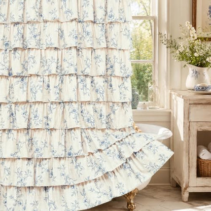 Yinhua Farmhouse Ruffle Shower Curtains with Blue Floral, 72" Wx72 L