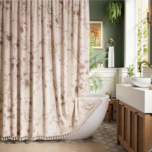 Vintage Beige Floral Shower Curtain with 12 Clear Rings - 72" W x 72" L