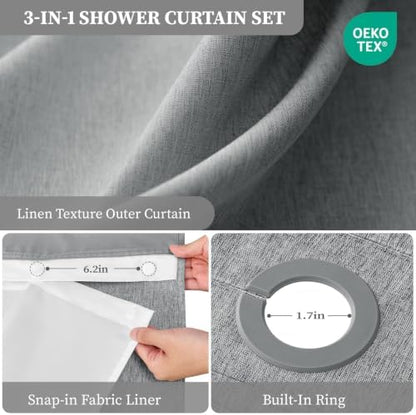 BTTN 72x87 Ringless Linen Textured Shower Curtain with Snap in Liner, Grey