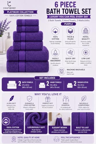 6 Piece Bath Towel Set, 2 Bath, 2 Hand, 2 Washcloths, Purple