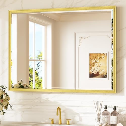 Keonjinn 40" x 30" Gold Bathroom Mirror for Over Sink, Aluminum Alloy Frame