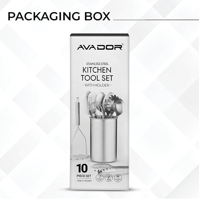 Avador® Premium Set of 10 Stainless Steel Kitchen Tool Set with Holder Easy To Clean, Space Saving, Great for Cooking, Baking, Prepping
