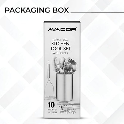 Avador® Premium Set of 10 Stainless Steel Kitchen Tool Set with Holder Easy To Clean, Space Saving, Great for Cooking, Baking, Prepping