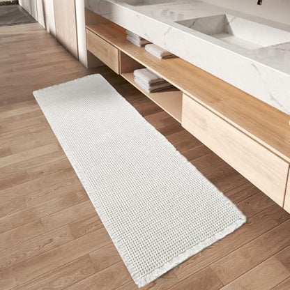AMOAMI Waffle Runner Rug Super Absorbent Non Slip Bath Mats for Bathroom Floor, Machine Washable Bathroom Runner Rug with Tassels, Ideal for Hallway Bedroom Laundry Room, White, 2' x 5'(24" x 60")