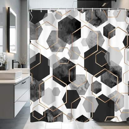 deFouliao Grey Shower Curtain Modern Abstract Geometric Grid Bathroom Curtain Sets for Bathtub Home Art Decor, Waterproof Fabric Washable with Hooks, 65x72 Inch