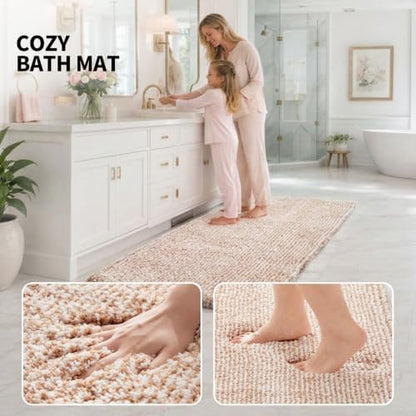 ILANGO Beige and White Bathroom Rugs 70" × 24" Non Slip & Super Absorbent Thick Soft, Washable Bath Carpet Runner for Floor, Microfiber Plush Shaggy Bath Mats for Bedroom Bathtub Shower Room