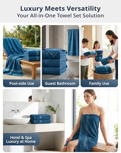 LANE LINEN Bath Sheet Set 4 Pack Oversized Soft Absorbent - Sea Port