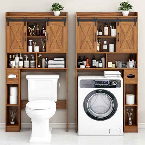 Vabches Over The Toilet Storage Cabinet with Sliding Doors, Caramel