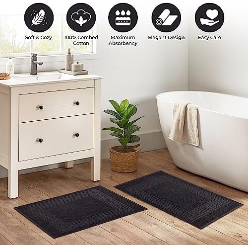 Superior Heavyweight Cotton Bath Mats, Bath Rugs For Bathroom Accessories, Washable Rug For Shower, Bath, Toilet, Modern Decor, No Backing, Luxury Hotel And Spa Quality, Set of 2, 22" x 35", Black