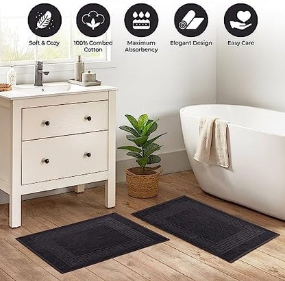 Superior Heavyweight Cotton Bath Mats, Bath Rugs For Bathroom Accessories, Washable Rug For Shower, Bath, Toilet, Modern Decor, No Backing, Luxury Hotel And Spa Quality, Set of 2, 22" x 35", Black