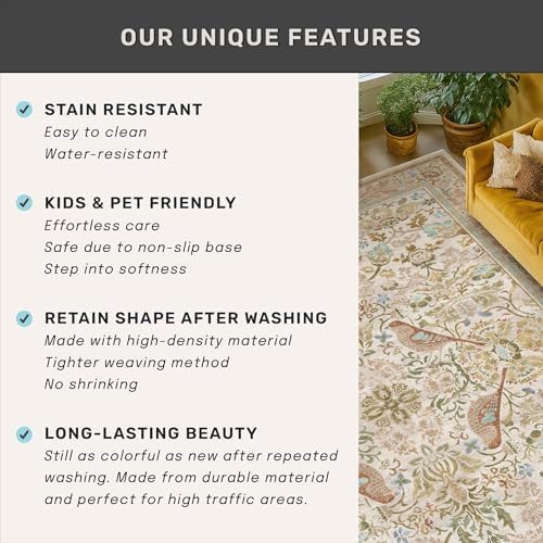 Beige 2x4 Washable Rug for Bathroom, Entryway Non Slip - Soft Low Pile Boho Small Throw Rugs for Kitchen, Powder Room - Unique Boho Bird Botanical Decorative Door Mats Stain Resistant