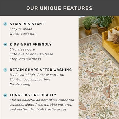Hazo Haus Beige 6ft Round Rug for Living Room - Floral Circle Area Rug for Bedroom Kids Room, Home Office, Washable Low Pile Non Slip, Vintage Beige Taupe Botanical & Bird Pattern, Boho Indoor Décor