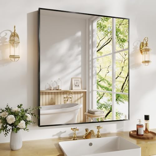 Koonmi Bathroom Mirror for Wall, 28"x32" Black Bathroom Mirror for Over Sink, Shatterproof Tempered Glass Vanity Mirror with Anti-Rust Aluminum Alloy Frame, Hang Horizontally or Vertically